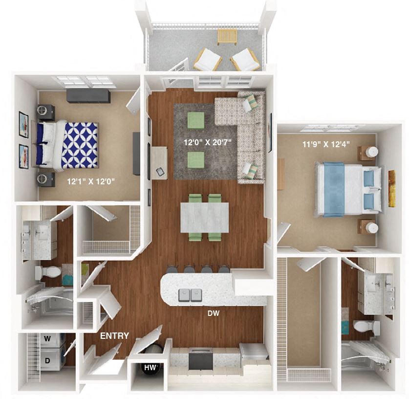 Floor plan for 2 beds, 2 baths, 1089 sqft